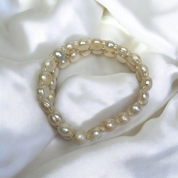 Genuine Pearl Dual Strand Braided Stretch Bracelet Regency White Coin Pearls OS - Picture 4 of 5